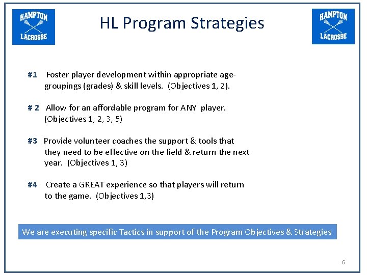HL Program Strategies #1 Foster player development within appropriate agegroupings (grades) & skill levels.