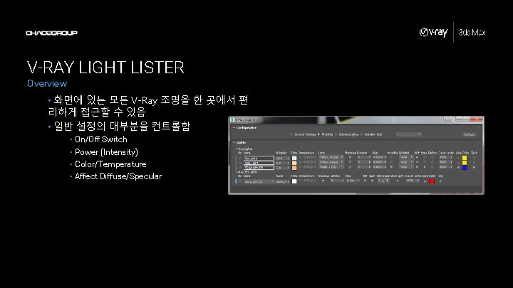 V-RAY LIGHT LISTER Overview • 화면에 있는 모든 V-Ray 조명을 한 곳에서 편 리하게