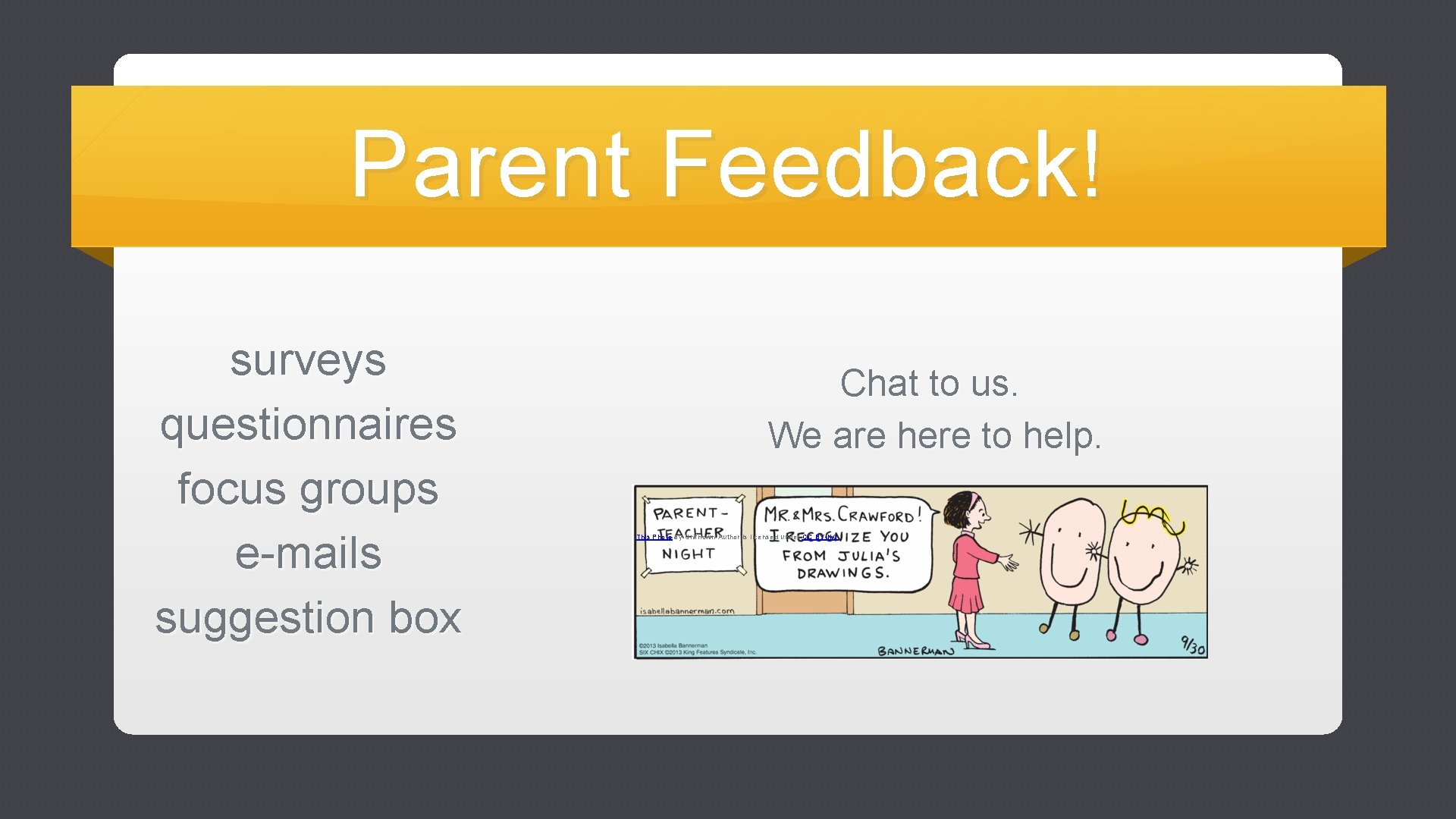 Parent Feedback! surveys questionnaires focus groups e-mails suggestion box Chat to us. We are