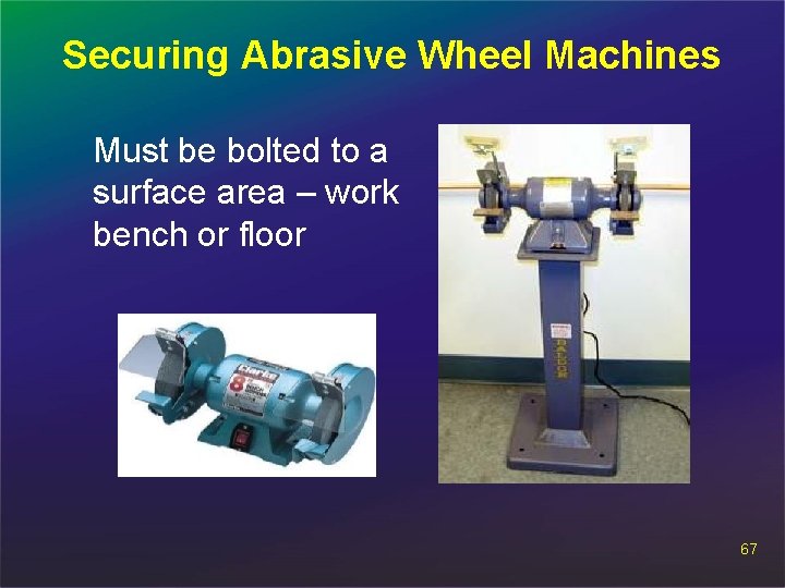 Securing Abrasive Wheel Machines Must be bolted to a surface area – work bench