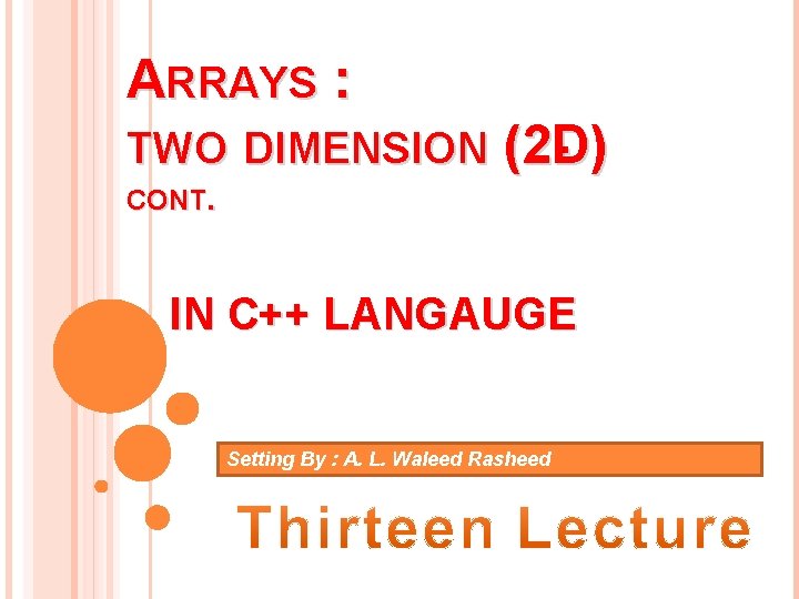 ARRAYS : TWO DIMENSION (2 -D) CONT. IN C++ LANGAUGE Setting By : A.