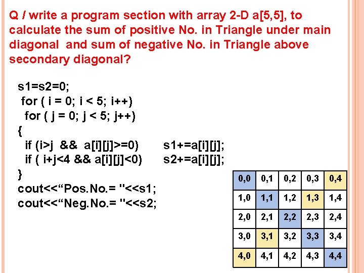 Q / write a program section with array 2 -D a[5, 5], to calculate