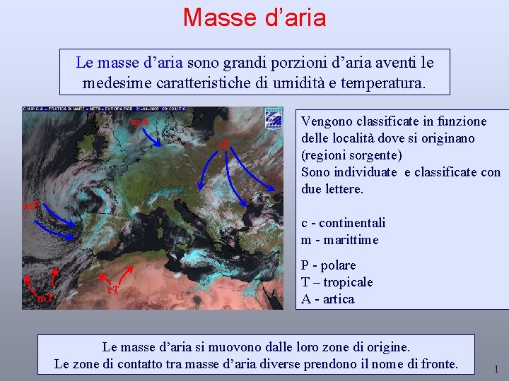 Masse d’aria Le masse d’aria sono grandi porzioni d’aria aventi le medesime caratteristiche di