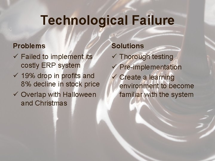Technological Failure Problems Solutions ü Failed to implement its costly ERP system ü 19%