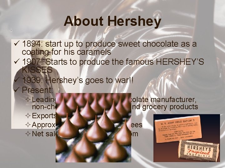 About Hershey ü 1894: start up to produce sweet chocolate as a coating for