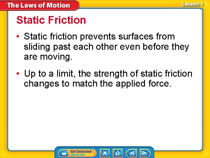 Static Friction • Static friction prevents surfaces from sliding past each other even before