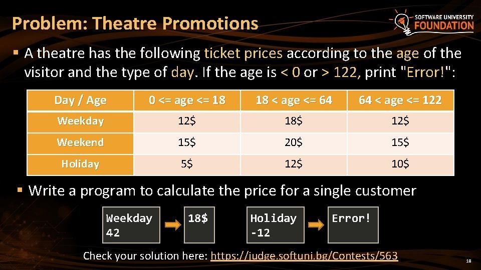 Problem: Theatre Promotions § A theatre has the following ticket prices according to the