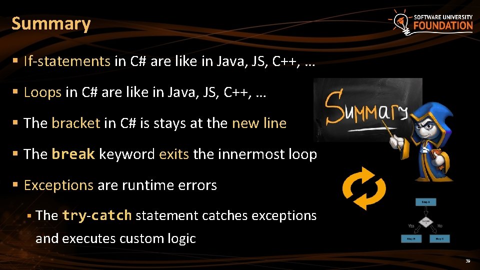 Summary § If-statements in C# are like in Java, JS, C++, … § Loops