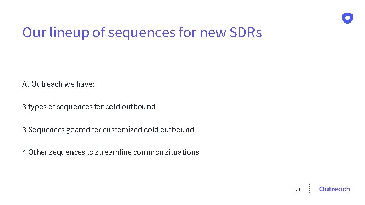 Our lineup of sequences for new SDRs At Outreach we have: 3 types of