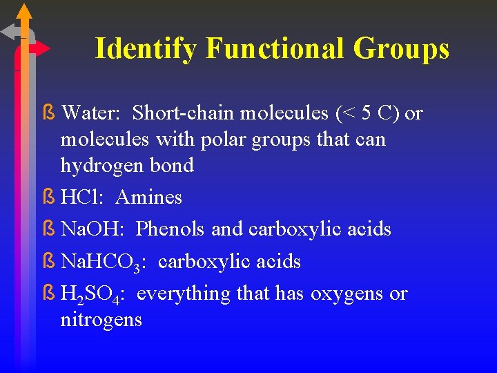 Identify Functional Groups ß Water: Short-chain molecules (< 5 C) or molecules with polar