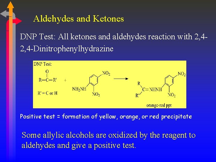 Aldehydes and Ketones DNP Test: All ketones and aldehydes reaction with 2, 4 -Dinitrophenylhydrazine