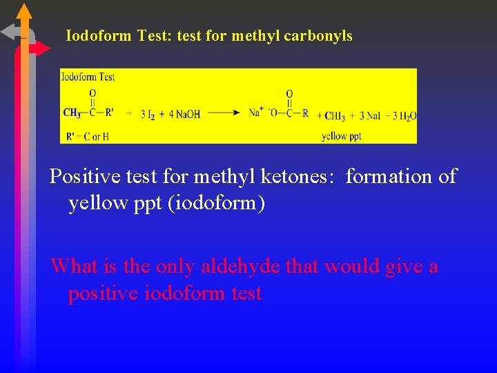 Iodoform Test: test for methyl carbonyls Positive test for methyl ketones: formation of yellow