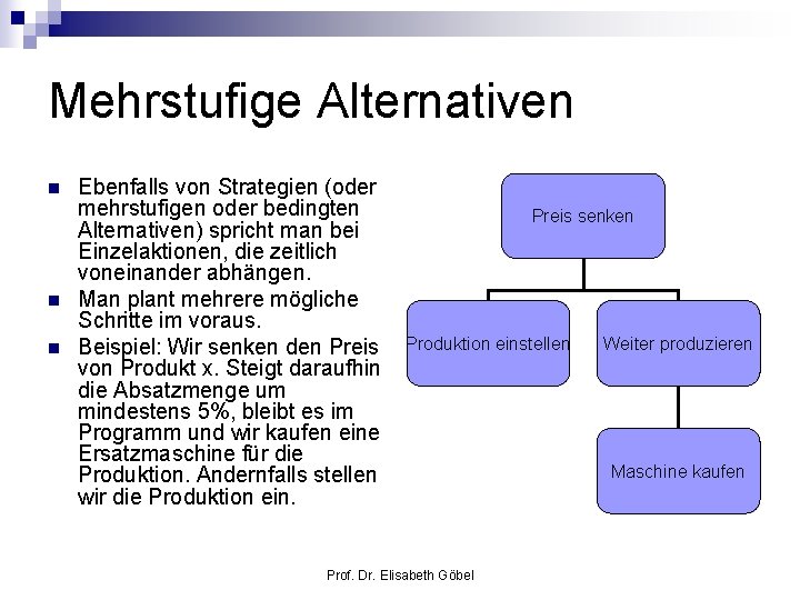 Mehrstufige Alternativen n Ebenfalls von Strategien (oder mehrstufigen oder bedingten Alternativen) spricht man bei