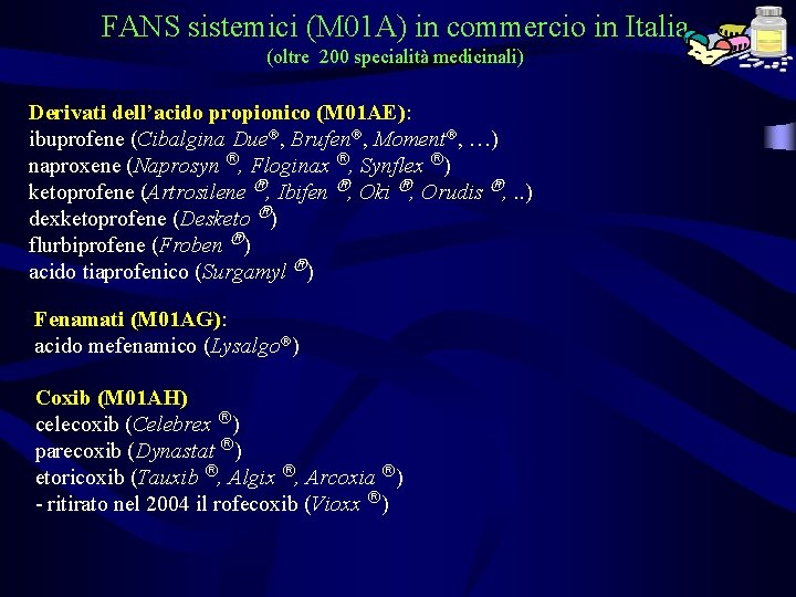 FANS sistemici (M 01 A) in commercio in Italia (oltre 200 specialità medicinali) Derivati