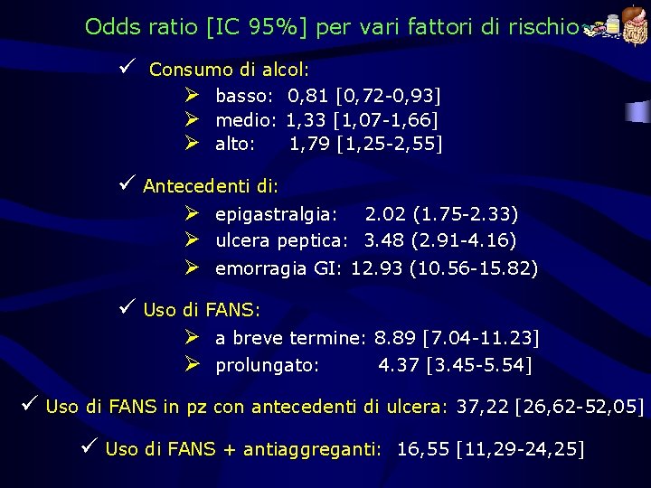 Odds ratio [IC 95%] per vari fattori di rischio ü Consumo di alcol: Ø