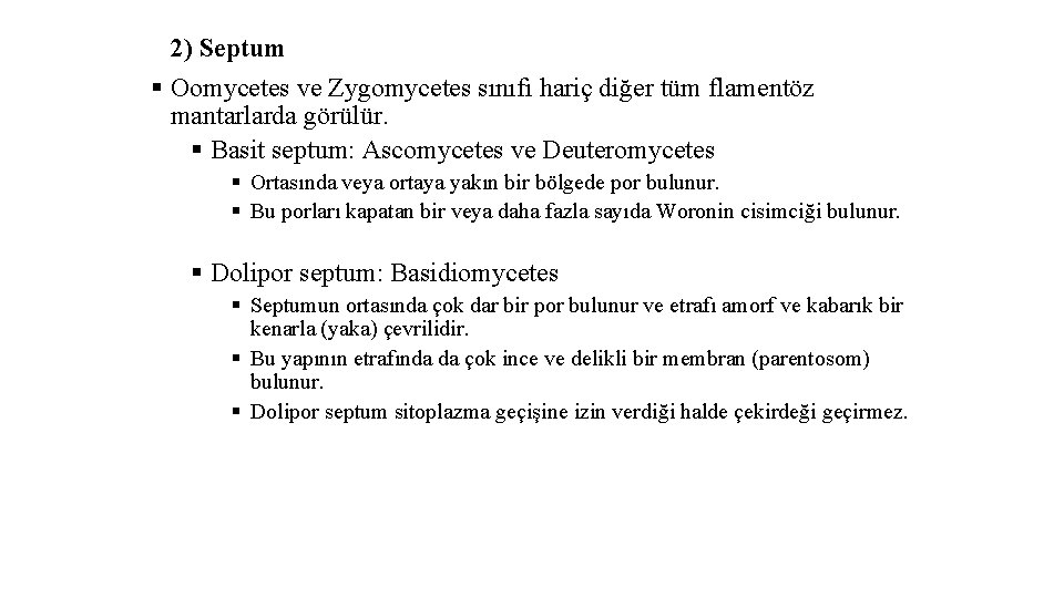 2) Septum § Oomycetes ve Zygomycetes sınıfı hariç diğer tüm flamentöz mantarlarda görülür. §