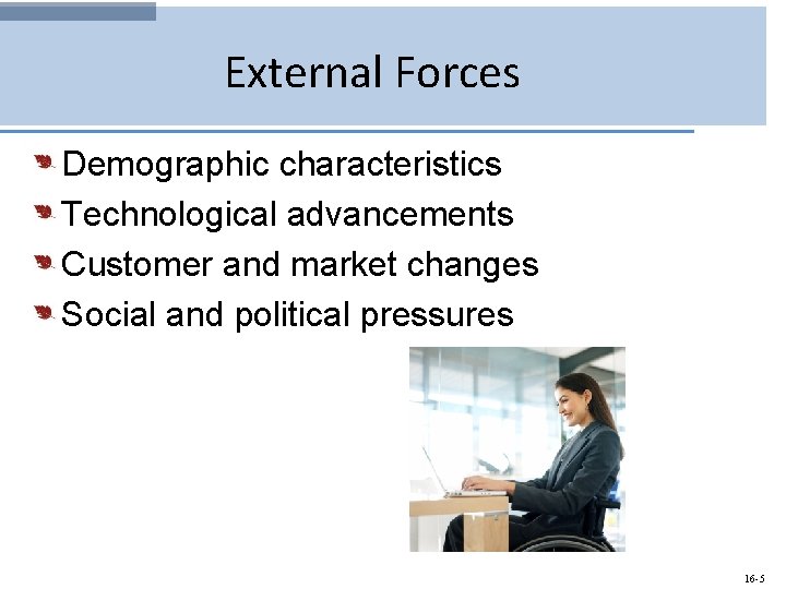 External Forces Demographic characteristics Technological advancements Customer and market changes Social and political pressures