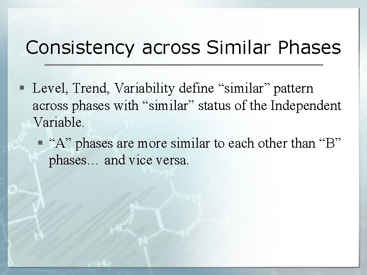 Consistency across Similar Phases § Level, Trend, Variability define “similar” pattern across phases with