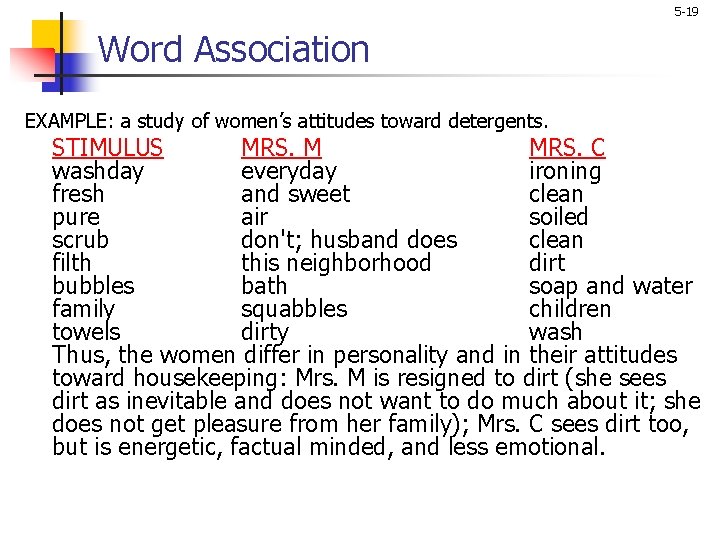 5 -19 Word Association EXAMPLE: a study of women’s attitudes toward detergents. STIMULUS MRS.