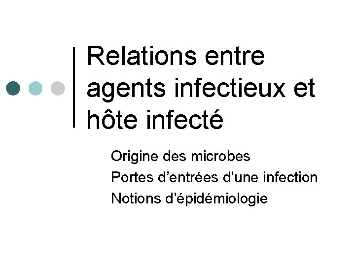 Relations entre agents infectieux et hôte infecté Origine des microbes Portes d’entrées d’une infection
