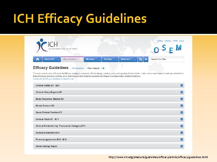 ICH Efficacy Guidelines http: //www. ich. org/products/guidelines/efficacy/article/efficacy-guidelines. html 