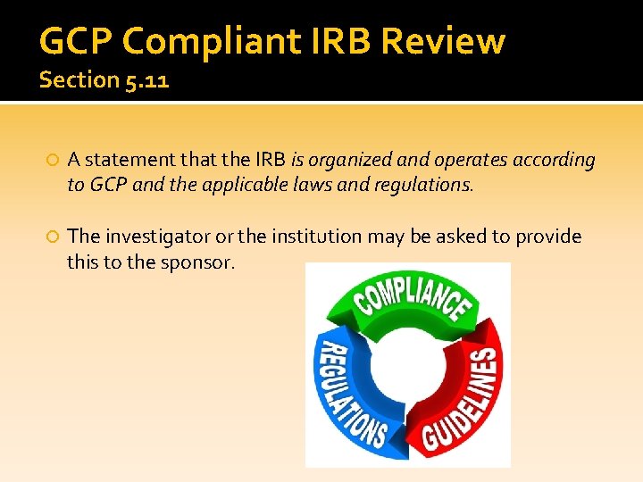 GCP Compliant IRB Review Section 5. 11 A statement that the IRB is organized