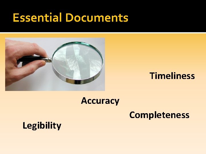 Essential Documents Timeliness Accuracy Legibility Completeness 