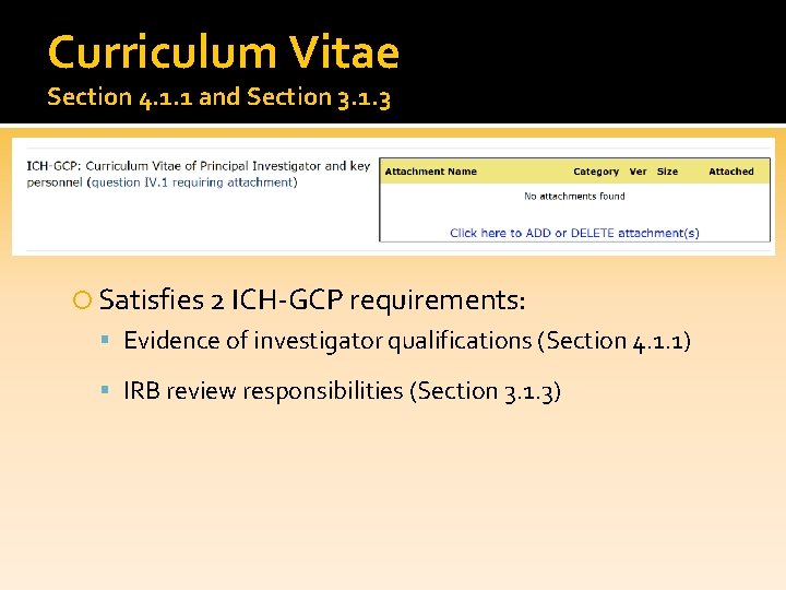 Curriculum Vitae Section 4. 1. 1 and Section 3. 1. 3 Satisfies 2 ICH-GCP