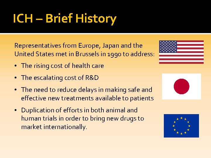 ICH – Brief History Representatives from Europe, Japan and the United States met in