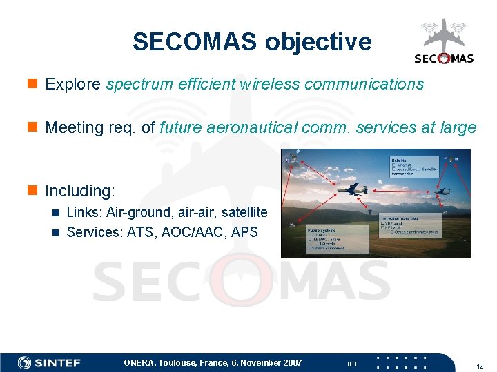 SECOMAS objective n Explore spectrum efficient wireless communications n Meeting req. of future aeronautical