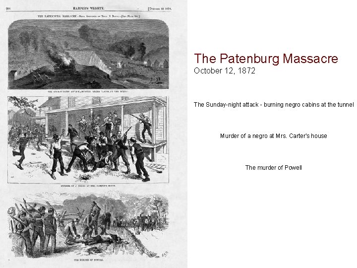 The Patenburg Massacre October 12, 1872 The Sunday-night attack - burning negro cabins at