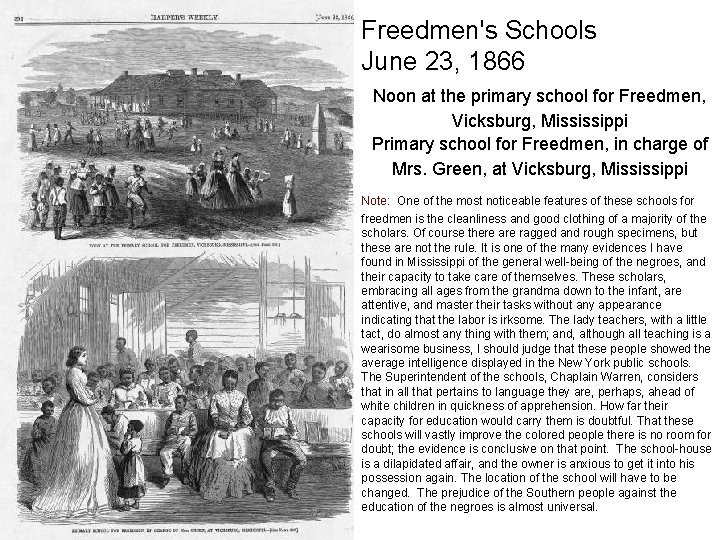 Freedmen's Schools June 23, 1866 Noon at the primary school for Freedmen, Vicksburg, Mississippi