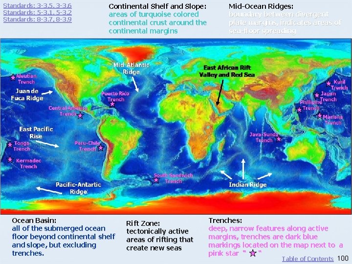 Continental Shelf and Slope: areas of turquoise colored continental crust around the continental margins
