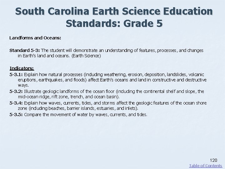 South Carolina Earth Science Education Standards: Grade 5 Landforms and Oceans: Standard 5 -3: