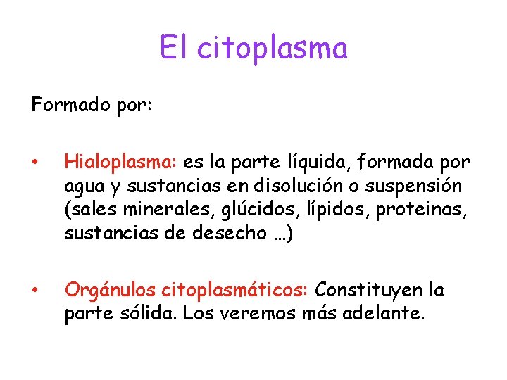 El citoplasma Formado por: • Hialoplasma: es la parte líquida, formada por agua y