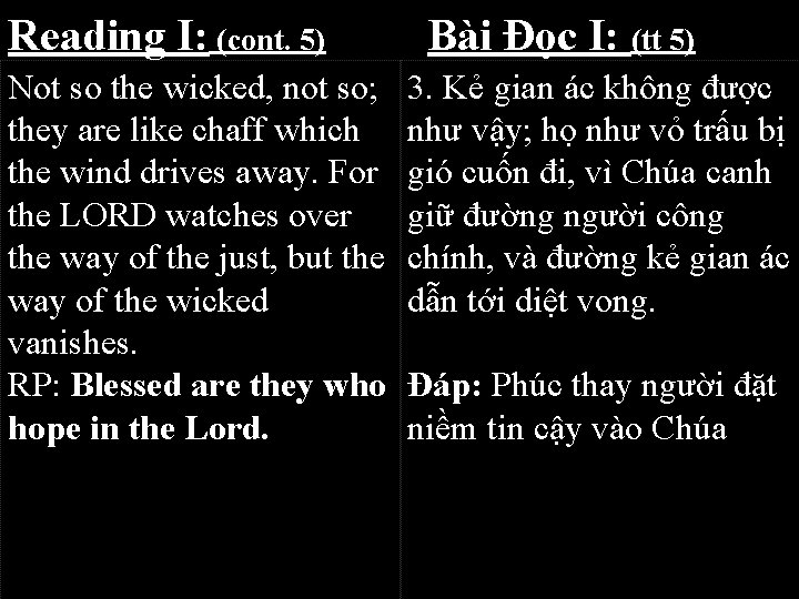 Reading I: (cont. 5) Not so the wicked, not so; they are like chaff