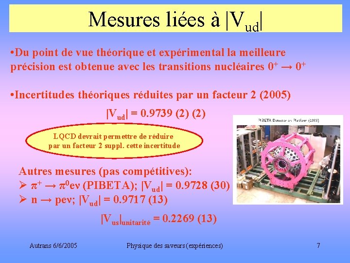 Mesures liées à |Vud| • Du point de vue théorique et expérimental la meilleure