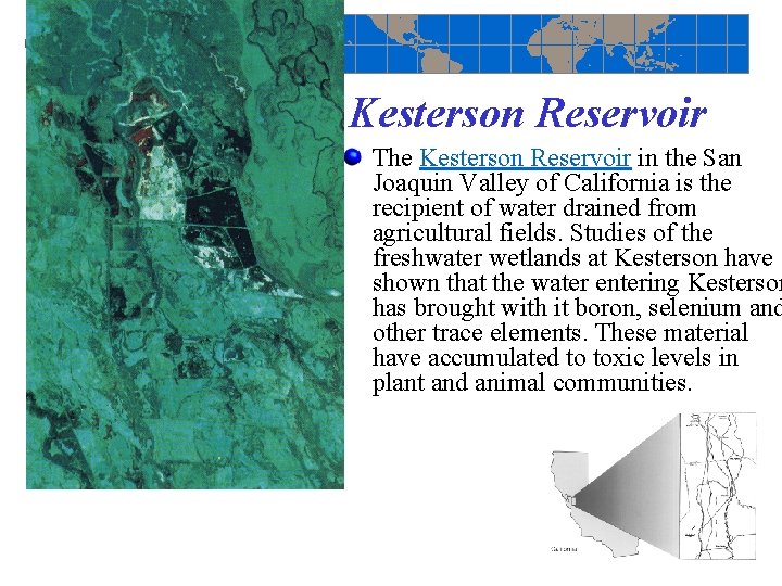 Kesterson Reservoir The Kesterson Reservoir in the San Joaquin Valley of California is the