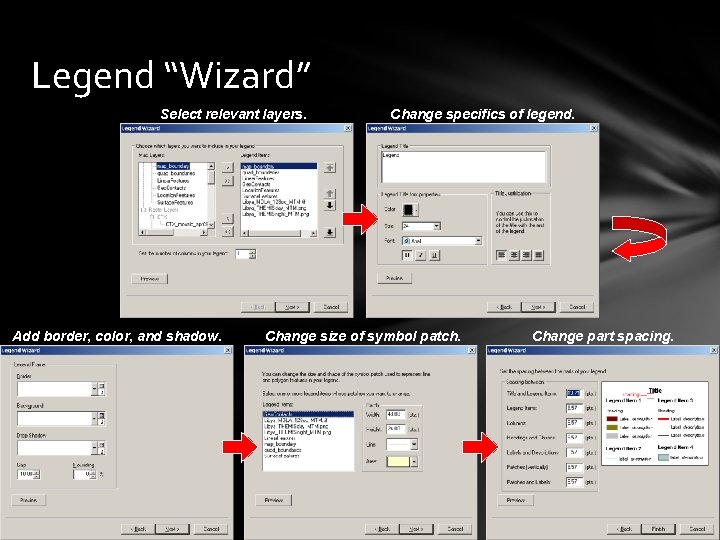 Legend “Wizard” Select relevant layers. Add border, color, and shadow. Change specifics of legend.