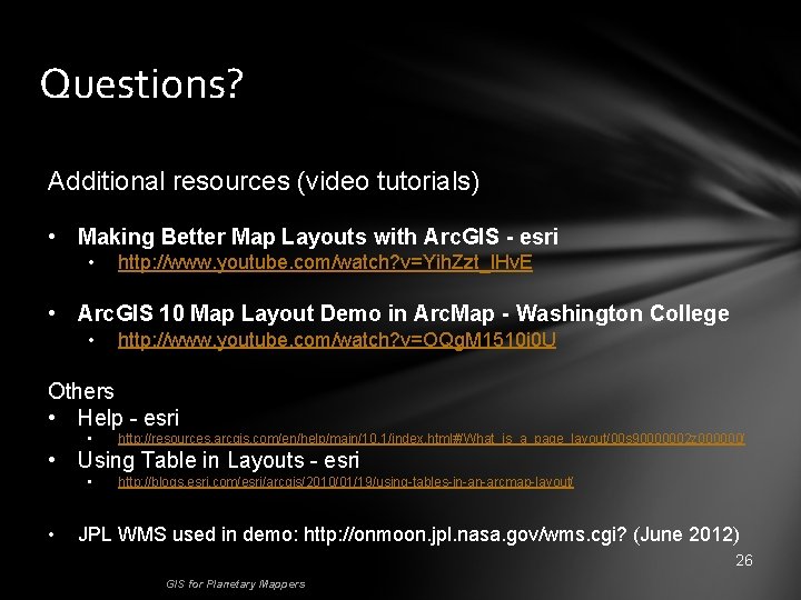 Questions? Additional resources (video tutorials) • Making Better Map Layouts with Arc. GIS -