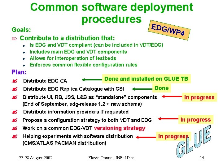 Common software deployment procedures E Goals: Ö Contribute to a distribution that: DG/W P