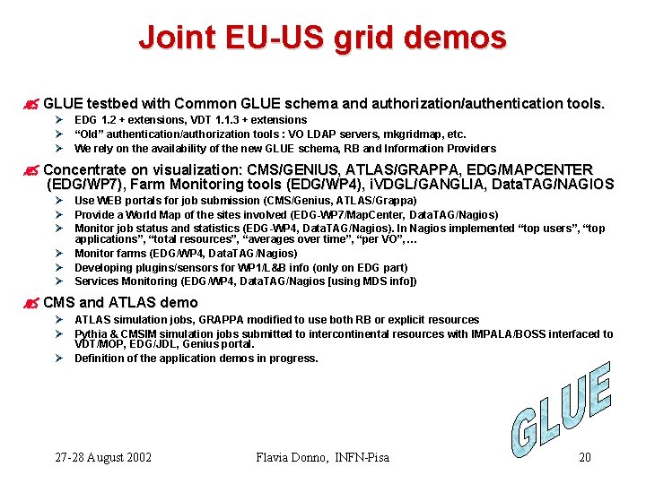 Joint EU-US grid demos ? GLUE testbed with Common GLUE schema and authorization/authentication tools.