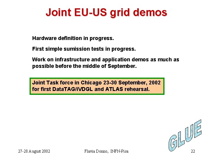 Joint EU-US grid demos Hardware definition in progress. First simple sumission tests in progress.