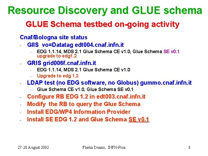 Resource Discovery and GLUE schema GLUE Schema testbed on-going activity Cnaf/Bologna site status - Resource Discovery and GLUE schema GLUE Schema testbed on-going activity Cnaf/Bologna site status -