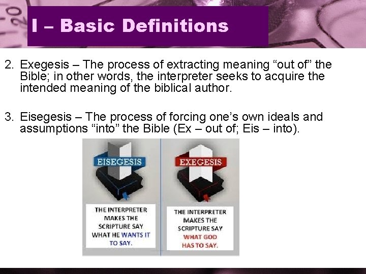 I – Basic Definitions 2. Exegesis – The process of extracting meaning “out of”