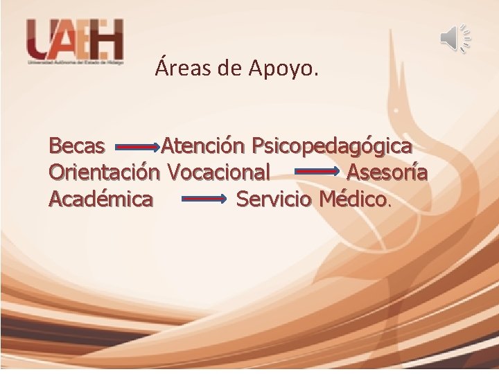 Áreas de Apoyo. Becas Atención Psicopedagógica Orientación Vocacional Asesoría Académica Servicio Médico. 
