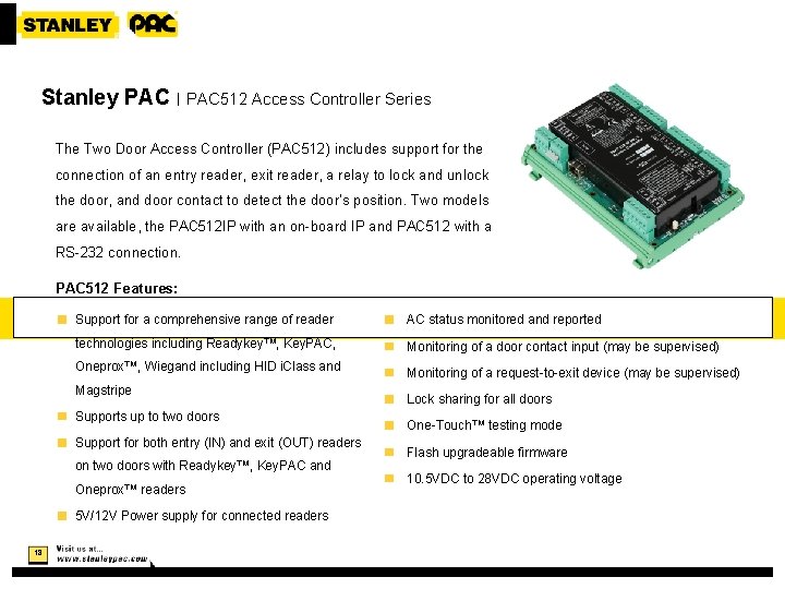 Stanley PAC | PAC 512 Access Controller Series The Two Door Access Controller (PAC