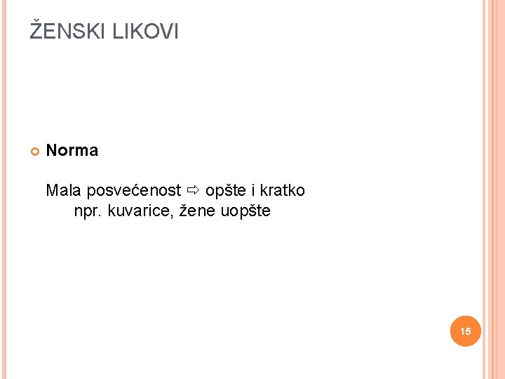 ŽENSKI LIKOVI Norma Mala posvećenost opšte i kratko npr. kuvarice, žene uopšte 15 