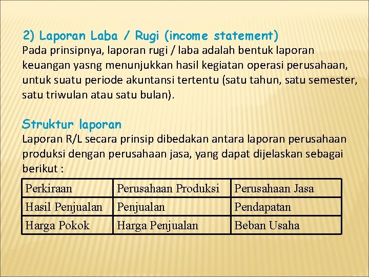 2) Laporan Laba / Rugi (income statement) Pada prinsipnya, laporan rugi / laba adalah