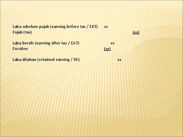 Laba sebelum pajak (earning before tax / EBT) Pajak (tax) xx Laba bersih (earning